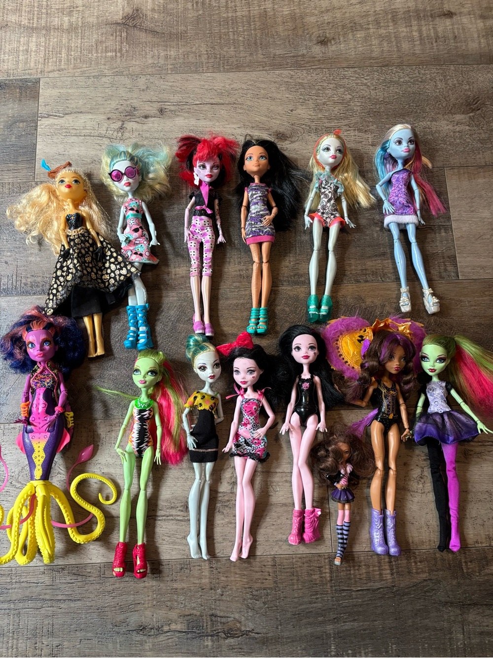 Monster high dolls lot of 14 - pink, green, purple, blue, black, yellow